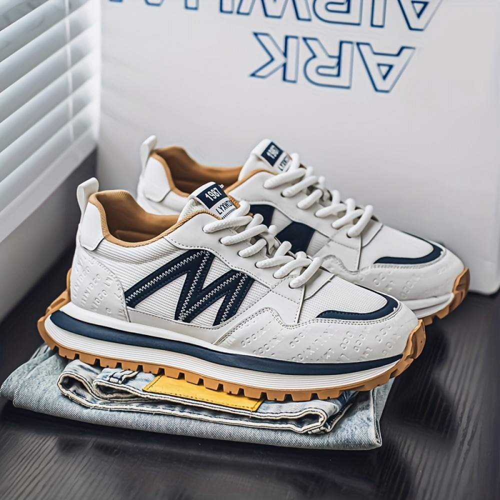 Men'S Breathable Fashion Sneakers - Lightweight, Durable Thick Sole Casual Shoes, Low-Top Lace-Up, All-Season Wear, White with Blue & Black Accents, Everyday Sneakers | Trendy Dad Shoes | Comfortable Fit