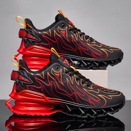 Men's Blade Sneakers - Breathable Running Sneakers with Flame Design, Mid-Top Support & TPU Sole for Hiking, Outdoor, Casual Wear - Black/Red/Yellow, Hiking Shoes, Outdoor Footwear, Dynamic Shoe Design, EVA Cushioning