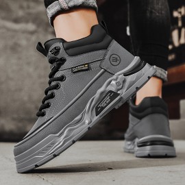 Men's All-Season High-Top Casual Sneakers - Fashionable & Versatile, Lace-Up with Letter Print Design, Durable PU Material for Outdoor, Hiking & Casual Attire