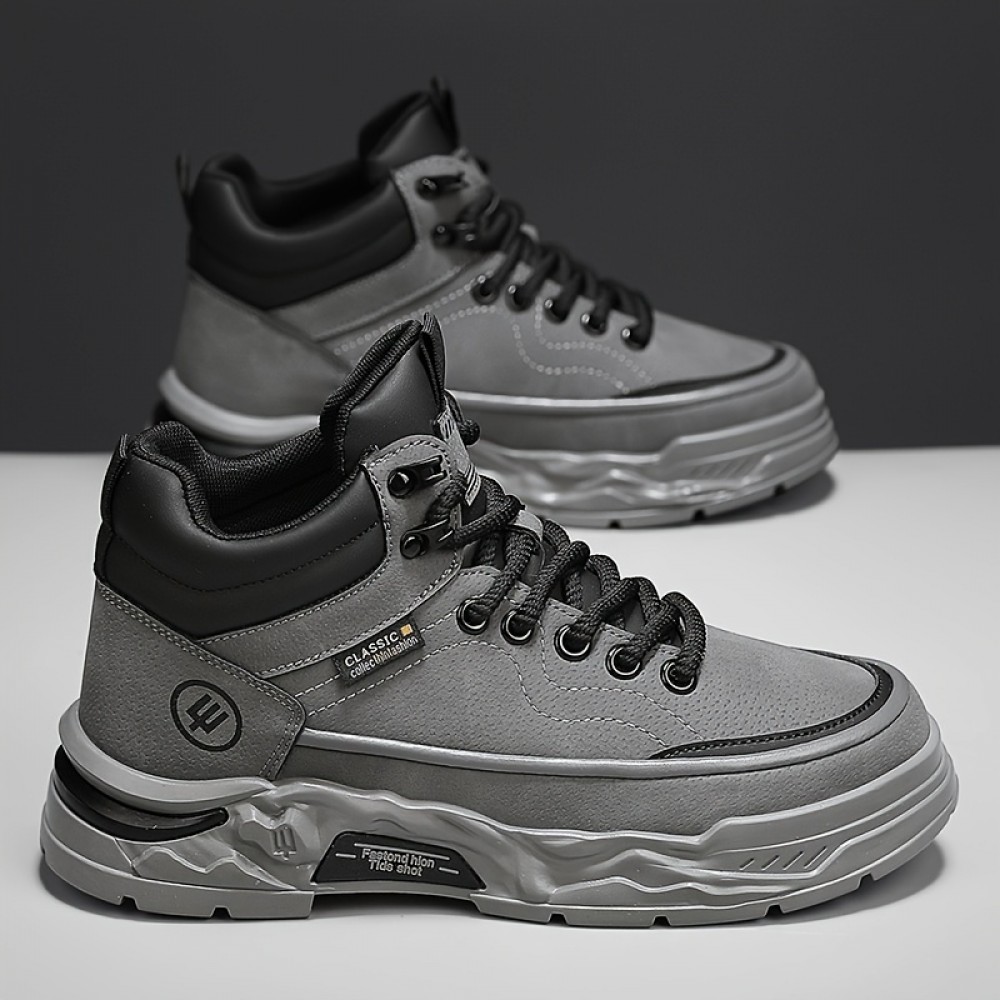 Men's All-Season High-Top Casual Sneakers - Fashionable & Versatile, Lace-Up with Letter Print Design, Durable PU Material for Outdoor, Hiking & Casual Attire