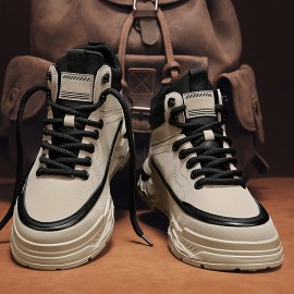 Men's All-Season High-Top Casual Sneakers - Fashionable & Versatile, Lace-Up with Letter Print Design, Durable PU Material for Outdoor, Hiking & Casual Attire