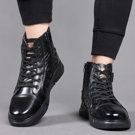 Men's Genuine Leather Crocodile-Texture Boots - Full-Grain Cowhide Winter Snow Boots with Zipper/Tie Closure, Short Ankle for Ice & Snow, Brown (Casual/Wedding/Outdoor) - Warm Rubber Sole & Round Toe