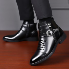 Men'S Business Formal Short Boots, Retro Carved Buckle and Convenient Side Zipper Design, Embossed Pattern on the Shoe Surface, Suitable for 11 Festivals, Fashionable Pointed Toe Ankle Boots for Weddings and Formal Occasions, Casual Dress Shoe For Men, Cowboy Boot For Men, Ankle Boot For Men, Snow Boot For Men, Men'S Medium-length Lightweight Boots