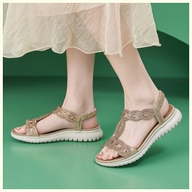 Women's Beige Sandals - Slip-On Open-Toe Beach Shoes with Ankle Strap, Lightweight Cushioned EVA Insole & Arch Support MD Outsole for Summer, Casual, Formal, Vacation - Synthetic Cover Sandals, Summer Footwear, Elegant Design, Breathable Material, Travel Essentials