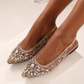 Sparkling Rhinestone-Encrusted Women's Pointed-Toe Mules - Elegant Open-Toe Sandals with Ankle Strap & Buckle Closure, Glittering Synthetic Cover Upper, Comfortable Flat Heel for Parties, Weddings, Semi-Formal Events - All-Season Versatile Dress Shoes, Low Heel Sandals for Women, Wide Fit Shoes for Women Plus Size, Sandals for Women High Quality, Womens Shoes Dressy, Flat Shoes for Women Elegant