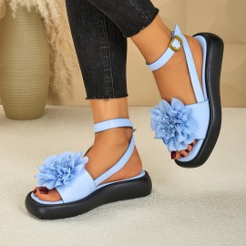 Women's Summer Platform Sandals with Large Floral Decor - Adjustable Ankle Strap, Soft Cushioned Insole & Arch Support, Thick Sole - Green Faux Cover Beach Shoes for Vacation, Party, Casual Outfits - Comfortable Flat Sandals for Women