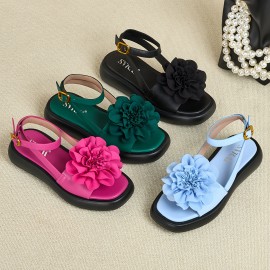 Women's Summer Platform Sandals with Large Floral Decor - Adjustable Ankle Strap, Soft Cushioned Insole & Arch Support, Thick Sole - Green Faux Cover Beach Shoes for Vacation, Party, Casual Outfits - Comfortable Flat Sandals for Women