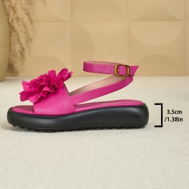 Women's Summer Platform Sandals with Large Floral Decor - Adjustable Ankle Strap, Soft Cushioned Insole & Arch Support, Thick Sole - Green Faux Cover Beach Shoes for Vacation, Party, Casual Outfits - Comfortable Flat Sandals for Women