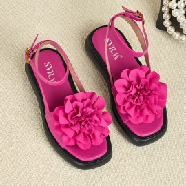 Women's Summer Platform Sandals with Large Floral Decor - Adjustable Ankle Strap, Soft Cushioned Insole & Arch Support, Thick Sole - Green Faux Cover Beach Shoes for Vacation, Party, Casual Outfits - Comfortable Flat Sandals for Women