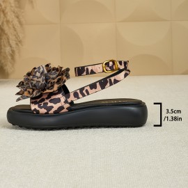 Women'S Leopard Print Flat Sandals with Floral Accents - Comfortable Soft Fabric Upper, Ankle Strap & Buckle Closure, Open-Toe Summer Beach Vacation Shoes, Casual Footwear, Stylish Flat Shoes, Durable Footwear Construction, Vacation Footwear, Trendy Footwear, Comfortable Insole, Vacation Essentials
