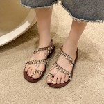 Women's Slip-On Open-Toe Sandals with & Bead Embellishments - Synthetic Cover Upper, Comfortable Low Heel, Durable Rubber Sole for Casual & Formal Wear, Stylish Outdoor Sandals | Bead Details | Elegant Design, Strappy Sandals