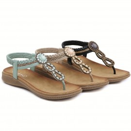 Summer Bohemian Toe - post Sandals for Women, Beaded Braided Thick - soled Retro Ethnic - style Casual Beach Shoes