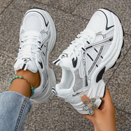 One Size Smaller Women's Minimalist Black and White Thick-Sole Lace-Up Sneakers, Breathable Mesh Material, Comfortable for Daily Wear and Light Sports