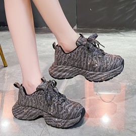 New Women'S Fashion Sneakers - Thick Sole, Lace-Up, Round Toe, Fabric Upper, Rubber Sole, Synthetic Insole, All-Season Casual Shoes with Crystal Embellishments - Perfect for Holiday Parties & Casual Attire, Casual Footwear | Stylish Laceup Shoes | Durable Rubber Sole, Glitter Sneakers For Women, Red Sneakers For Women, Platform Sneakers For Women, Shiny Sneakers For Women, Fashionable Sneakers For Women, Platform Sneaker For Women