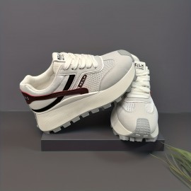 Women'S British-Inspired College Style Lace-Up Sneakers - Breathable Mesh & Thick Cushioned Sole, Geometric Pattern Low-Top Casual Shoes for All-Season Comfort, Ladies Sneakers, Durable Tpr Sole