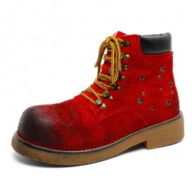 Vintage-Inspired • Distressed Red Chunky Platform Boots • Unisex Lace-Up Ankle Boots with Thick Rubber Sole & Fabric Upper • All-Season Casual & Party Wear