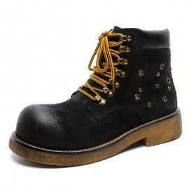 Vintage-Inspired • Distressed Red Chunky Platform Boots • Unisex Lace-Up Ankle Boots with Thick Rubber Sole & Fabric Upper • All-Season Casual & Party Wear