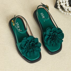 Women's Summer Platform Sandals with Large Floral Decor - Adjustable Ankle Strap, Soft Cushioned Insole & Arch Support, Thick Sole - Green Faux Cover Beach Shoes for Vacation, Party, Casual Outfits - Comfortable Flat Sandals for Women